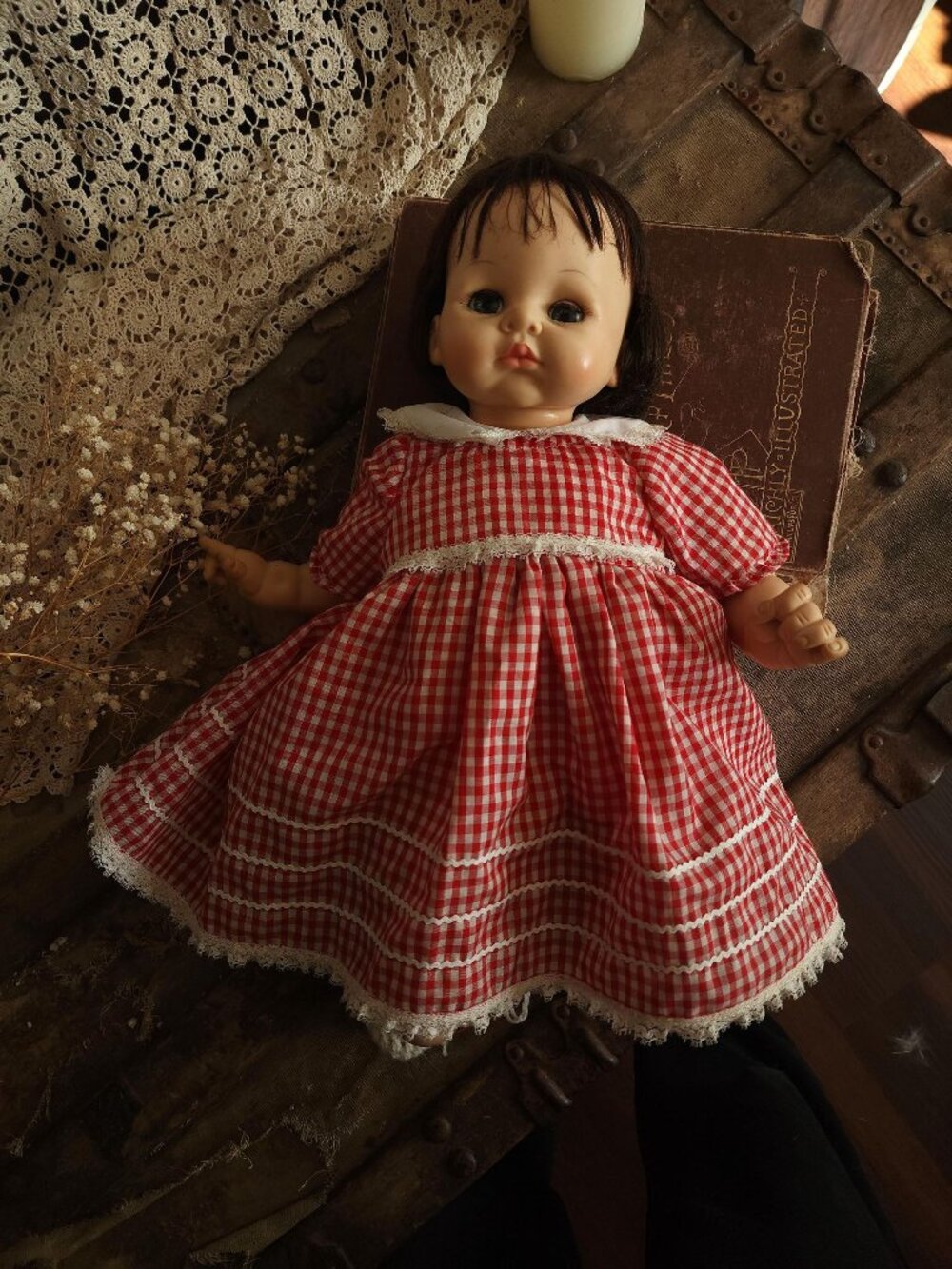 Vintage 1960s Madame Alexander Doll, 20" Sleepy Baby, Red Gingham Dress